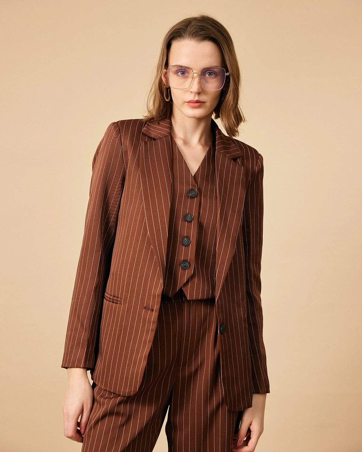 The Brown Striped One Button Collared Blazer & Reviews - Brown - Outerwear | RIHOAS | rihoas.com
