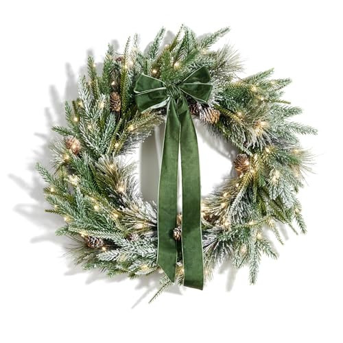 LampLust Cypress Christmas Wreath with Lights, 22 Inch Wreath with 100 Battery Operated LED Lights and Velvet Bow, Winter Wreaths for Front Door Christmas Decorations Holiday Decor | Amazon (US)