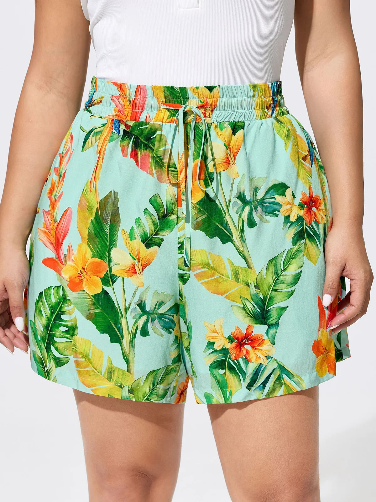 Tropical Breeze Print Elastic Waist Shorts | Bloomchic