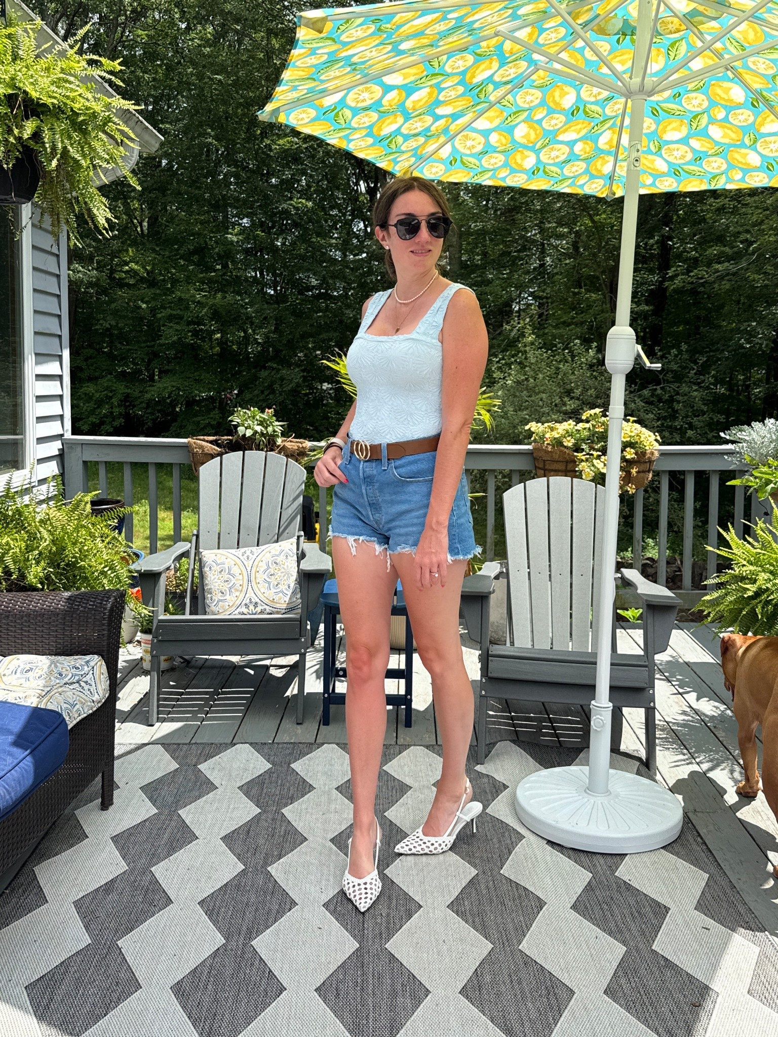 Levi 501 shorts and look a like free people from Amazon. Heels are from VICI. Kind of a hodge podge of stores . Umbrella came from At Home and I can’t link it  

#LTKOver40 #LTKHome #LTKSeasonal