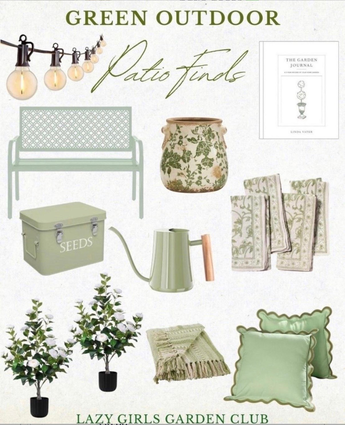 Green summer patio decor 💚


Outdoor decor, green watering can, green cloth napkins, green patio bench, outdoor shrub decorative, seed box, throw blanket, string lights, throw pillows, gardening book

#LTKSeasonal #LTKHome #LTKSaleAlert

#LTKSeasonal #LTKSaleAlert #LTKHome