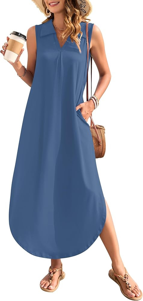 WNEEDU Summer Dresses for Women 2025 Maxi Dresses Casual Collared V-Neck Sleeveless Sundresses Sp... | Amazon (US)