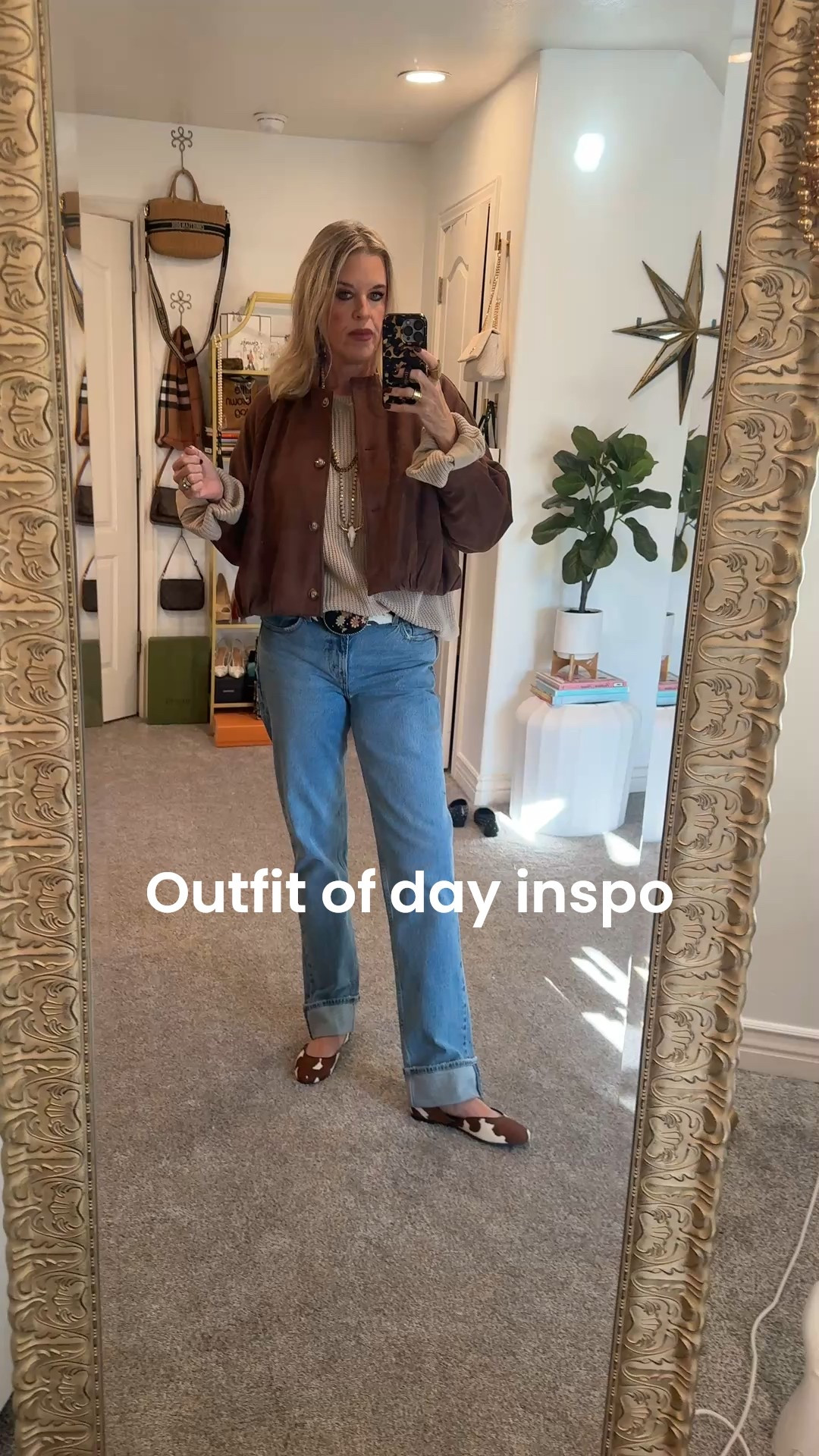 Outfit of the day inspo

A little touch of western/ cow print,
Chocolate brown , suede, straight leg jeans, pendant long necklaces, fall sweaters 

Cow print ballet flats -Chicos 

Suede cropped baseball jacket 
Amazon find tts 

Over sized knit sweater with sleeve details and front pocket details tts Amazon find

Abercrombie finch straight leg jeans with cuff (I sized up one) jeans are long enough for long legs 

Vintage cow hide belt with floral buckle (linked some options that give the vibe) 

Gold hoop earrings 

Cow head horns necklace on beads and a bronze chain link necklace ( linked similar for the vibe 


#LTKTall #LTKStyleTip #LTKFindsUnder50