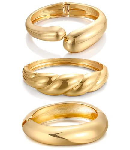 Chunky Gold Bangle Bracelets for Women, Dainty 14k Gold Plated Big Stackable Bangles Set, Trendy ... | Amazon (CA)