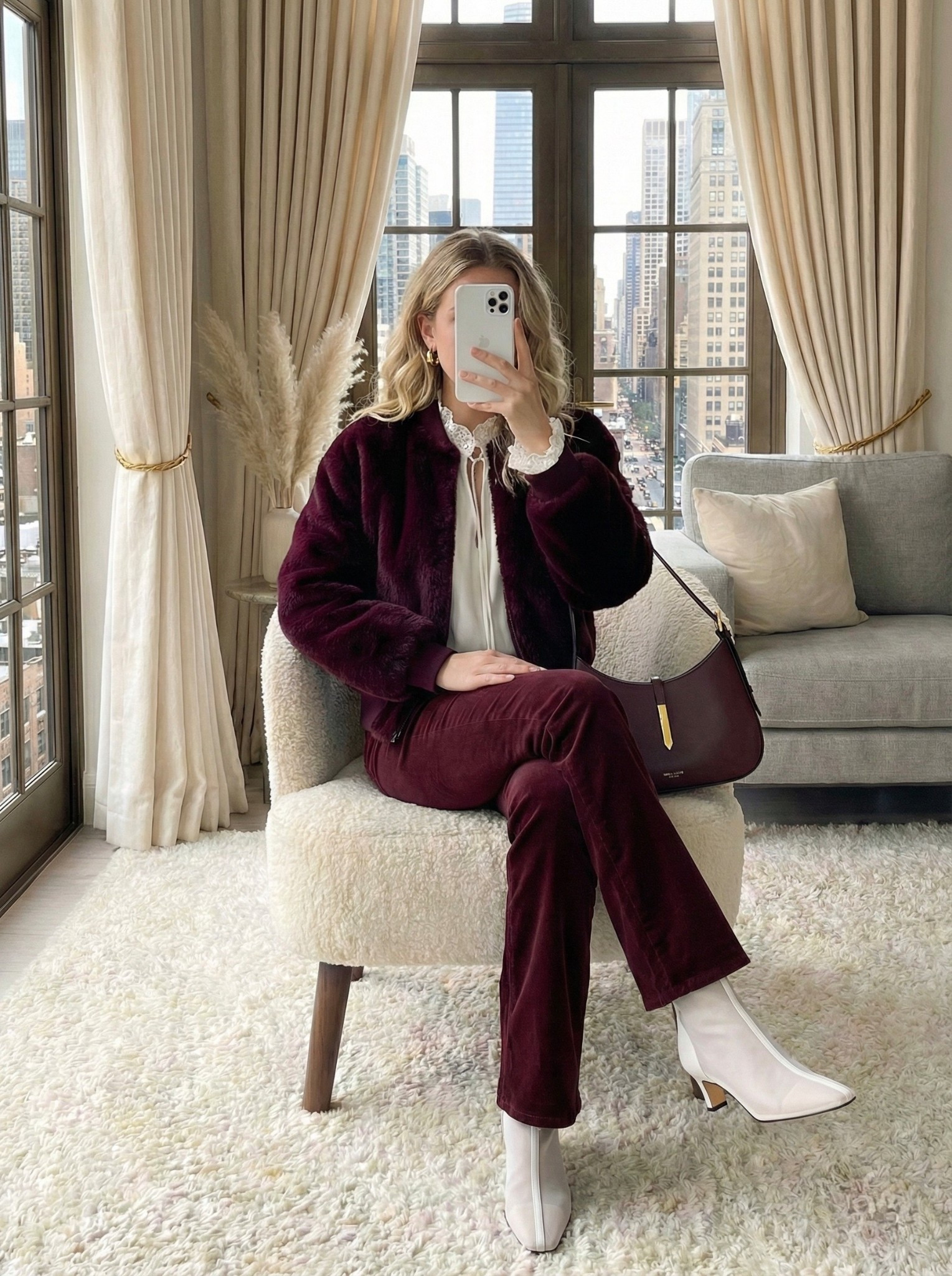 ✨ Deep Winter Burgundy — Cozy, Rich & Elevated ✨
A polished cold-weather look built entirely around luxe textures and a bold monochromatic palette. The mix of velvet, faux-fur and creamy white accents keeps the outfit feeling warm, chic, and perfectly seasonal — ideal for dinner nights, holiday outings, or a dressed-up winter workday.

🧣 Style Notes:
• Plush burgundy faux-fur jacket for instant winter luxury
• Velvet trousers in a matching deep tone for a sleek mono look
• Cream blouse + white heeled boots to brighten the palette
• Structured burgundy shoulder bag for a refined finishing touch
• Perfect winter outfit for evenings out, festive events & chic city days

#LTKootd #LTKHoliday #LTKgrwm