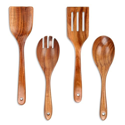Woodique Kitchen Wooden Cooking Utensil Set, Heat Resistant Teak Wooden Spoons for Cooking (4pcs with salad spoon) | Amazon (US)