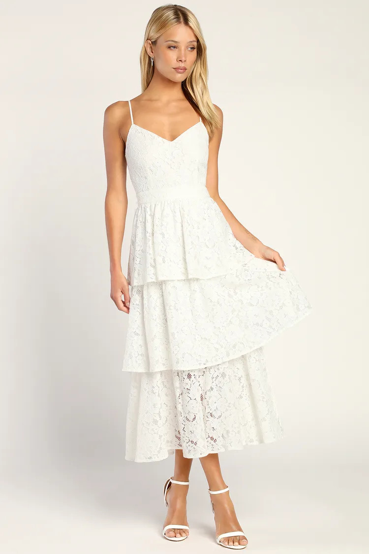Love in Layers White Lace Tiered V-Neck Midi Dress | Lulus (US)