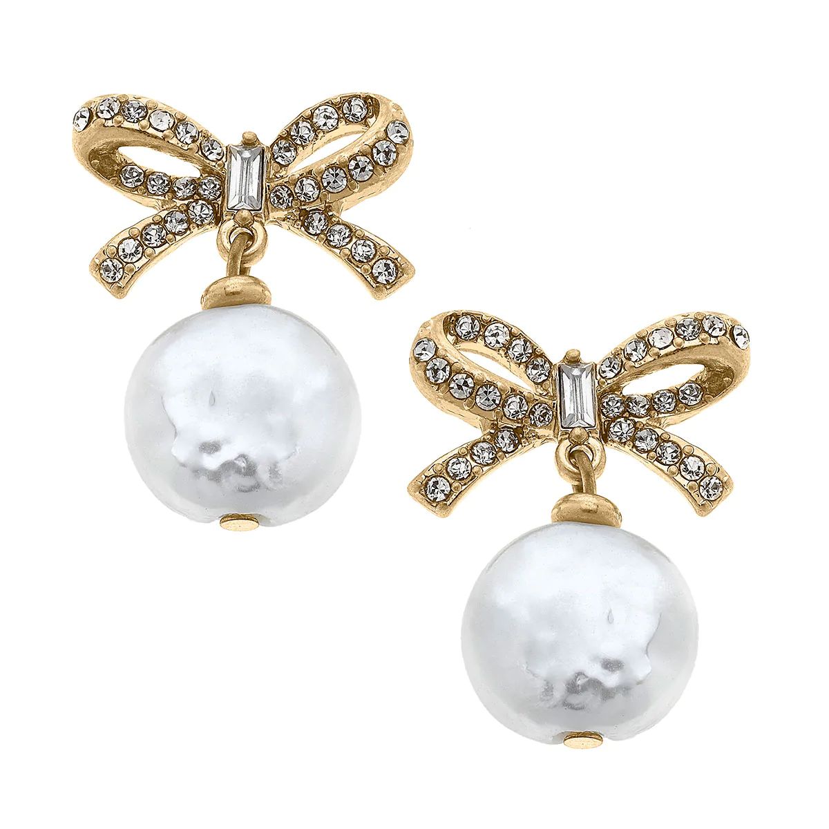 Addison Pavé Bow & Pearl Drop Earrings in Worn Gold | CANVAS