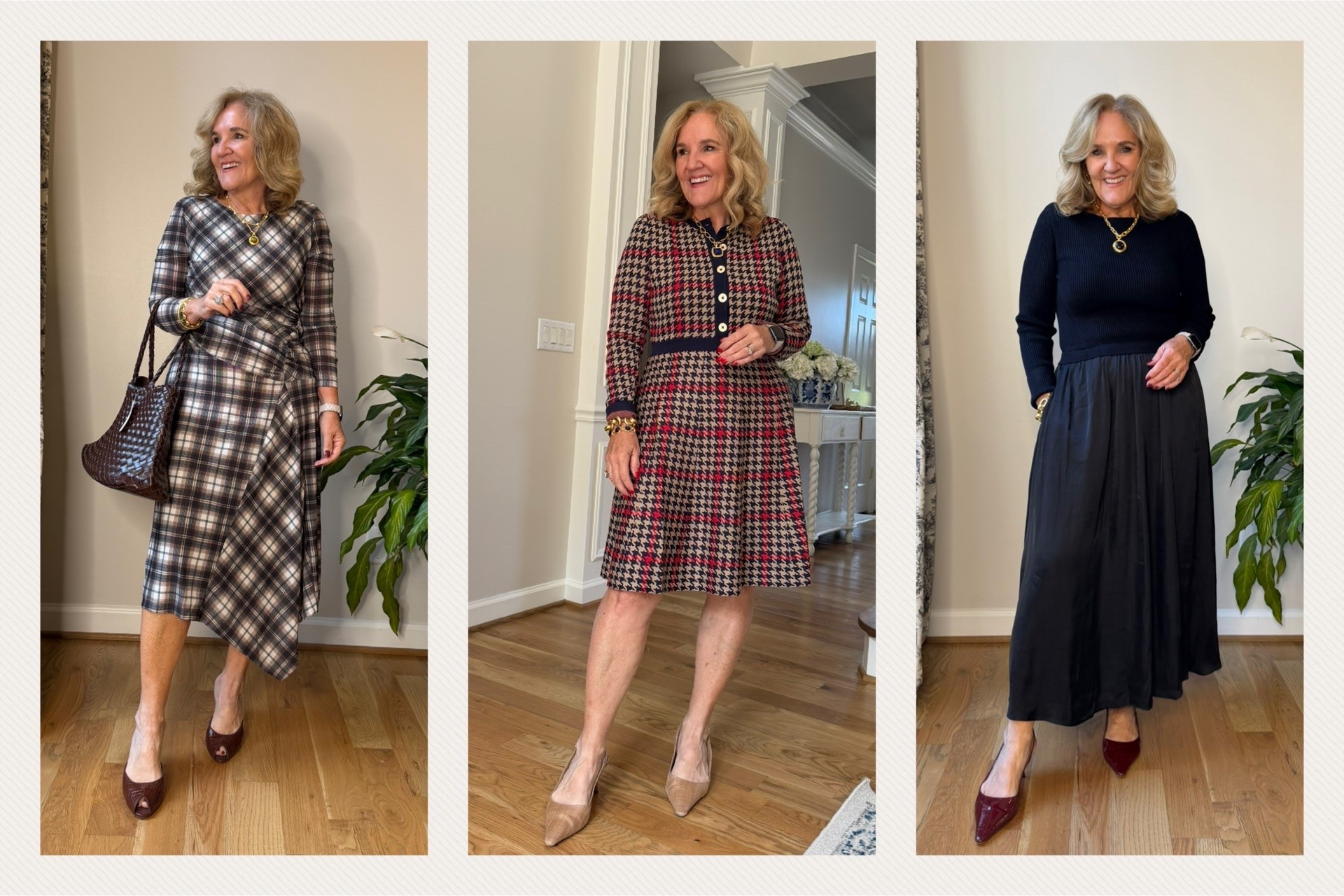 New dresses at varying styles and price points. 
Left medium petite lightweight mesh very comfortable 
Center : plaid knit flare dress size 8 reg this is lovely. @Boden (US) is always a winner 
Right: a mixed media dress really lovely quality satin bottom and a ribbed knit sweater size medium 


Fall dresses work dresses church dresses