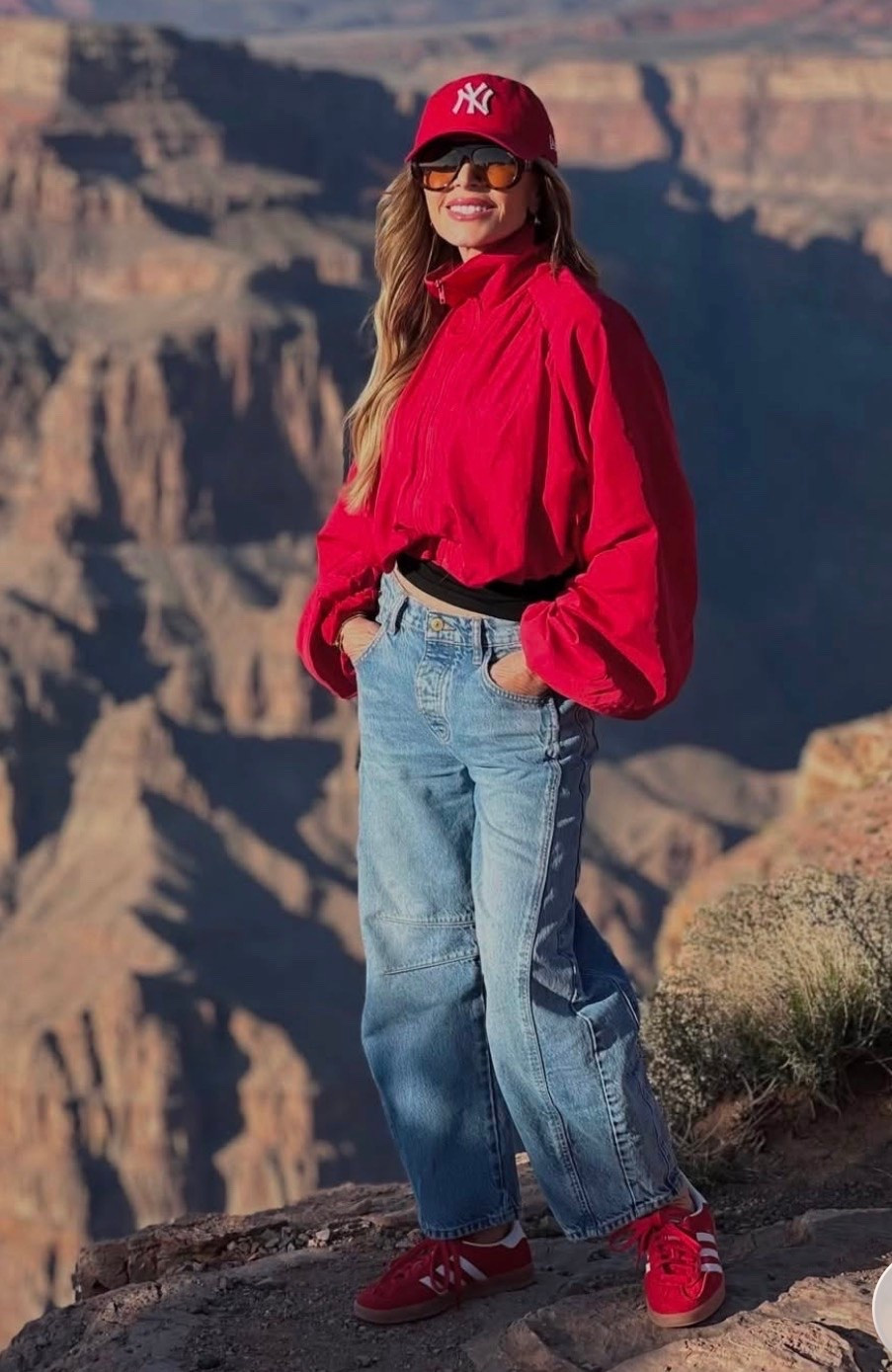 Tamra Judge's Red Windbreaker jacket and Barrel Jeans
