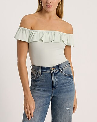 Ribbed Fitted Off The Shoulder Ruffle Bodysuit | Express