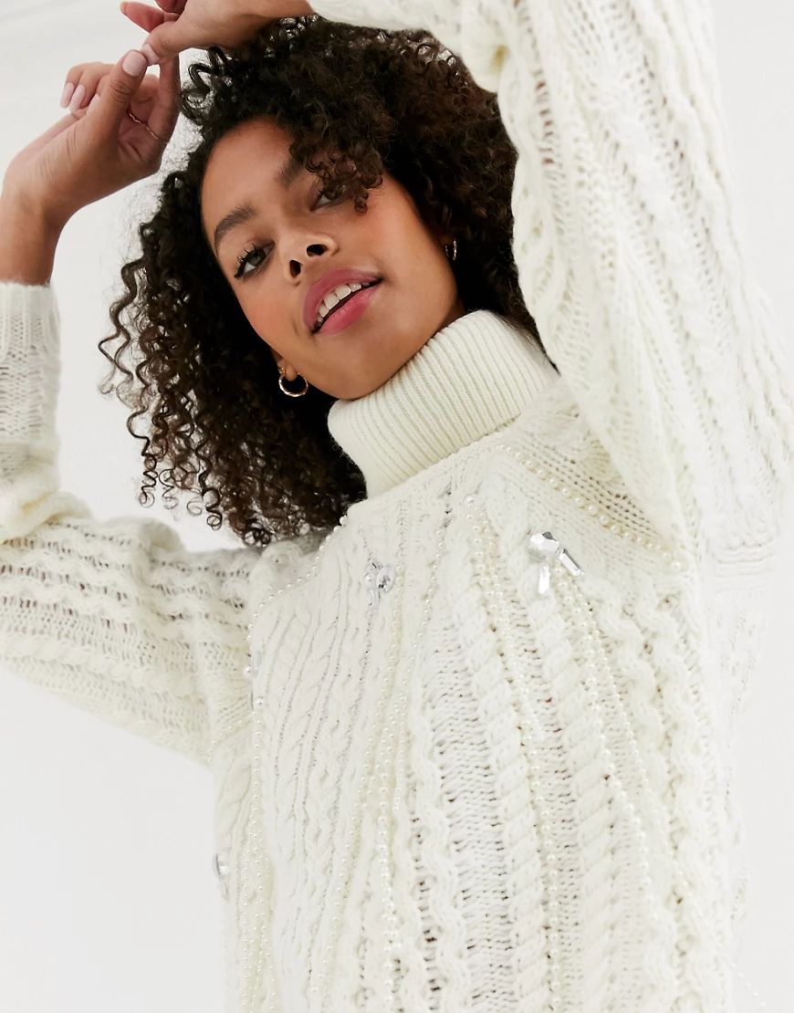 ASOS DESIGN premium embellished cable jumper with roll neck-Cream | ASOS (Global)