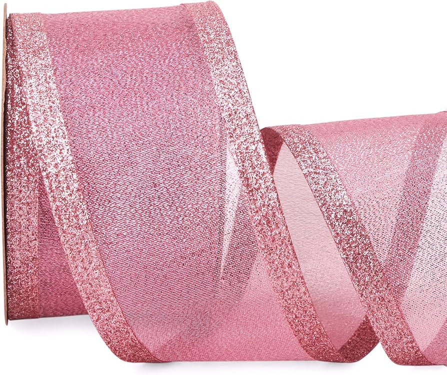 Ribbli Pink Christmas Wired Ribbon, Metallic Wired Ribbon with Glitter Edge 2-1/2 Inch x 10 Yard ... | Amazon (US)