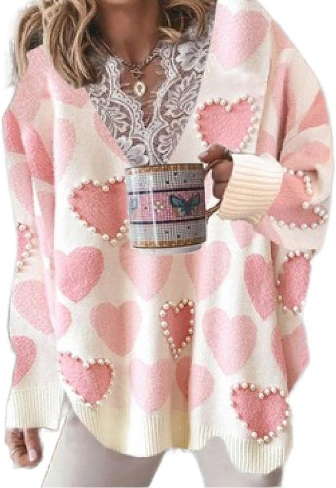 Women's Oversized Pullover Heart Sweater with Pearls, Lace V Neck Long Sleeve Trendy Aesthetic Kn... | Amazon (US)