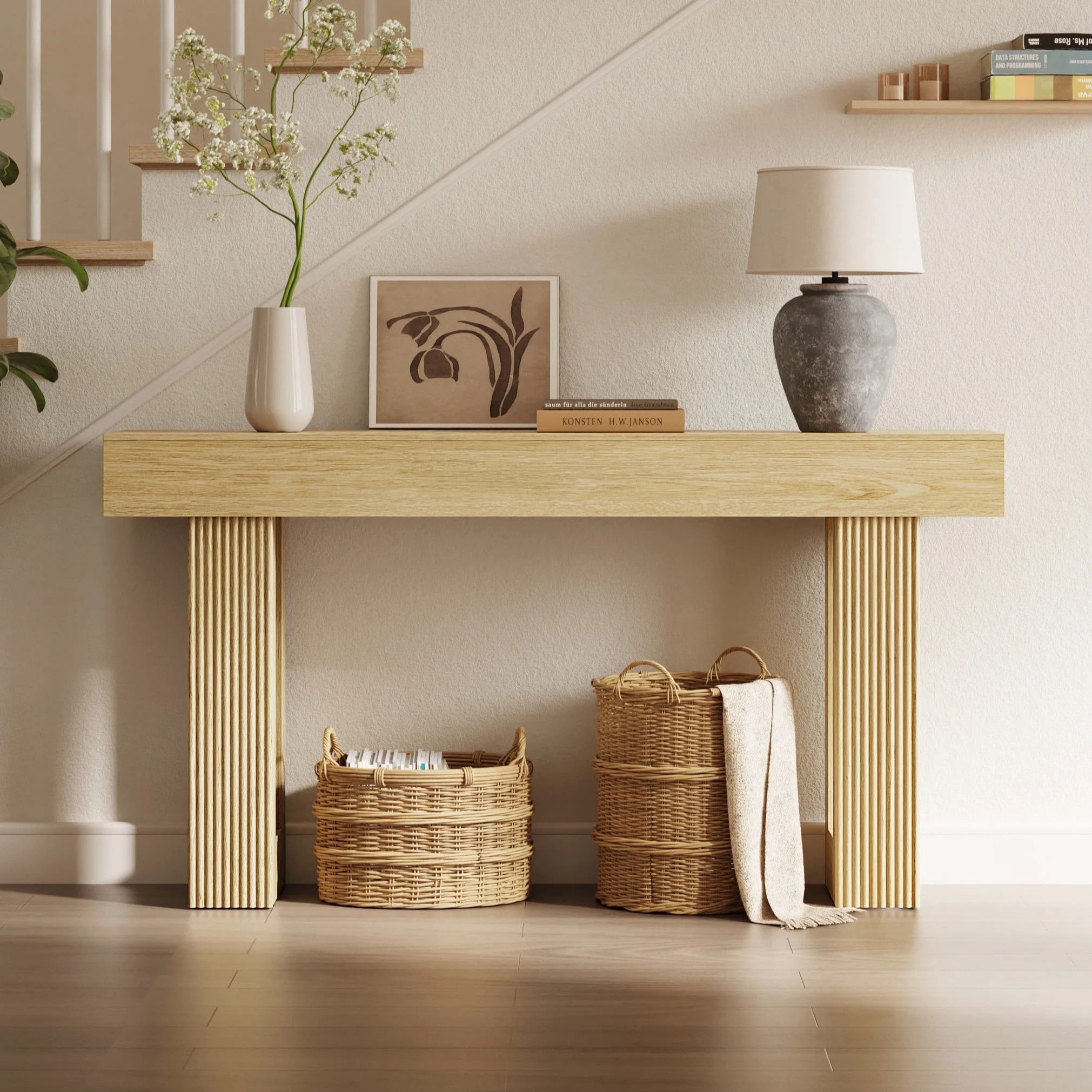 CHIC HOUSE 63" Fluted Entryway Console Table, Farmhouse Long Narrow Wooden Sofa Table Behind the ... | Walmart (US)