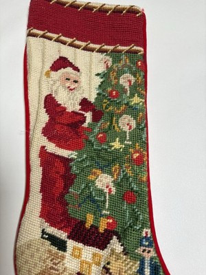 Vintage Wool Needlepoint Embroidered Christmas Stocking Santa Claus Red Velvet | eBay US