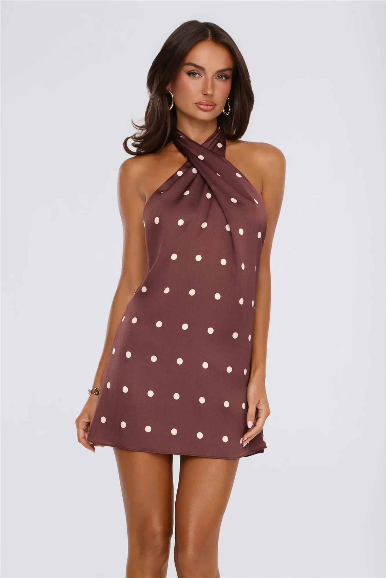 Daydream Club Polka Dot Satin Halter Mini Dress Brown | Hello Molly (US)