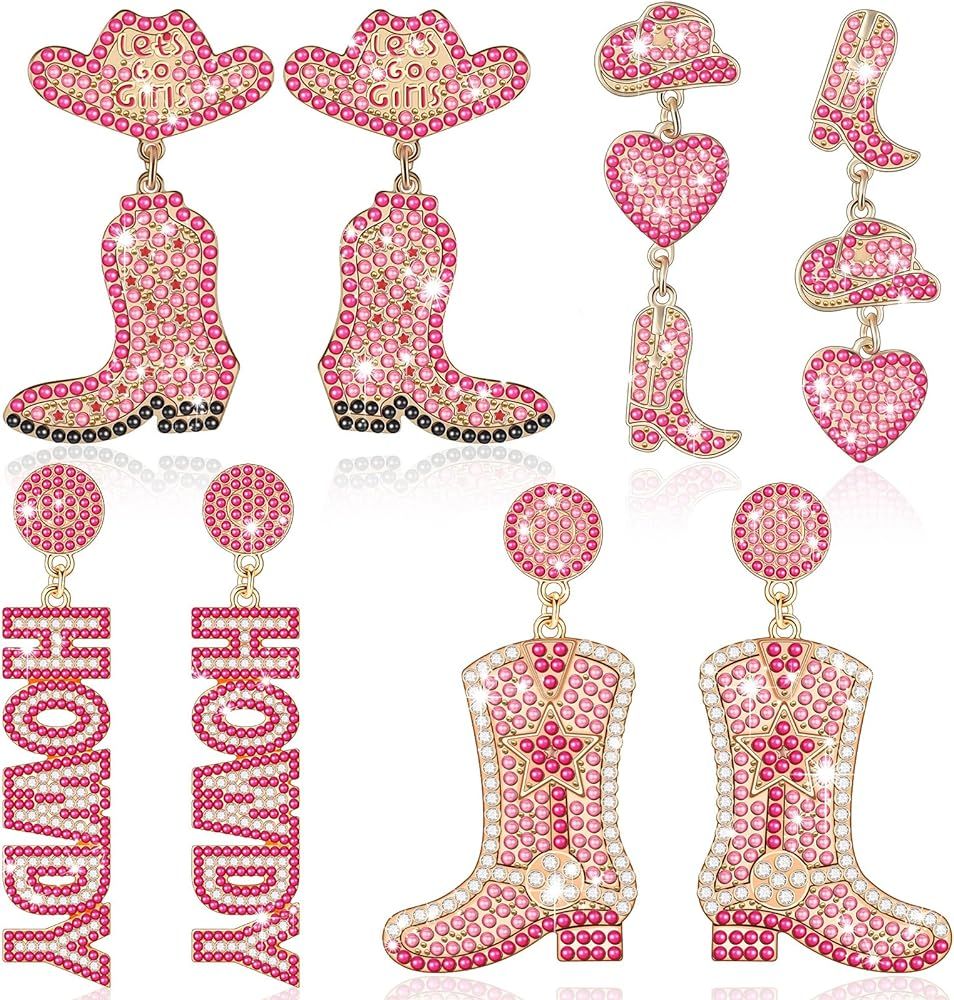 Huquary 4 Pairs Western Cowgirl Earrings Howdy Country Concert Earrings Beaded Rhinestone Sparkly... | Amazon (US)