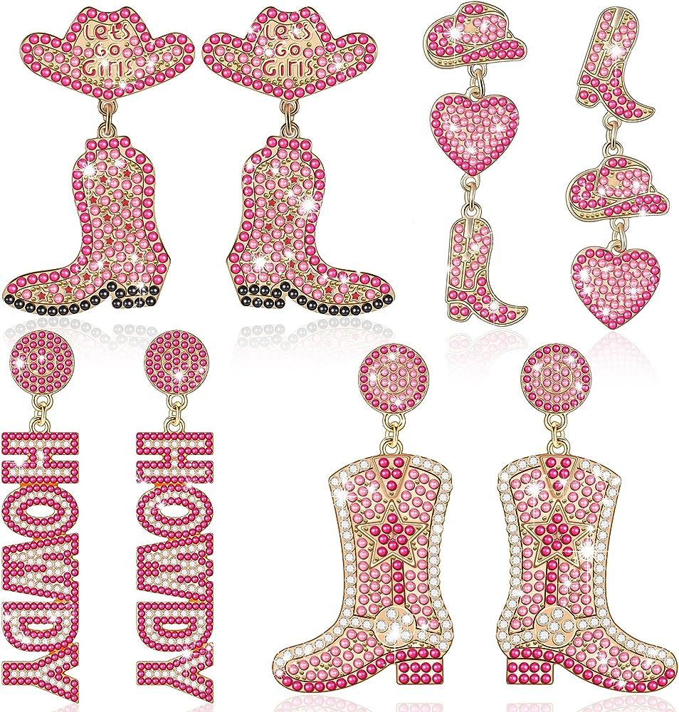 Huquary 4 Pairs Western Cowgirl Earrings Howdy Country Concert Earrings Beaded Rhinestone Sparkly... | Amazon (US)