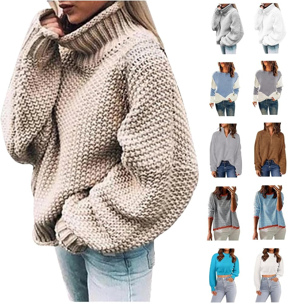 Turtleneck Shirt Women Oversized Turtleneck Sweater Ruffle Sweater Trendy Knit Crop Sweater Long ... | Amazon (US)