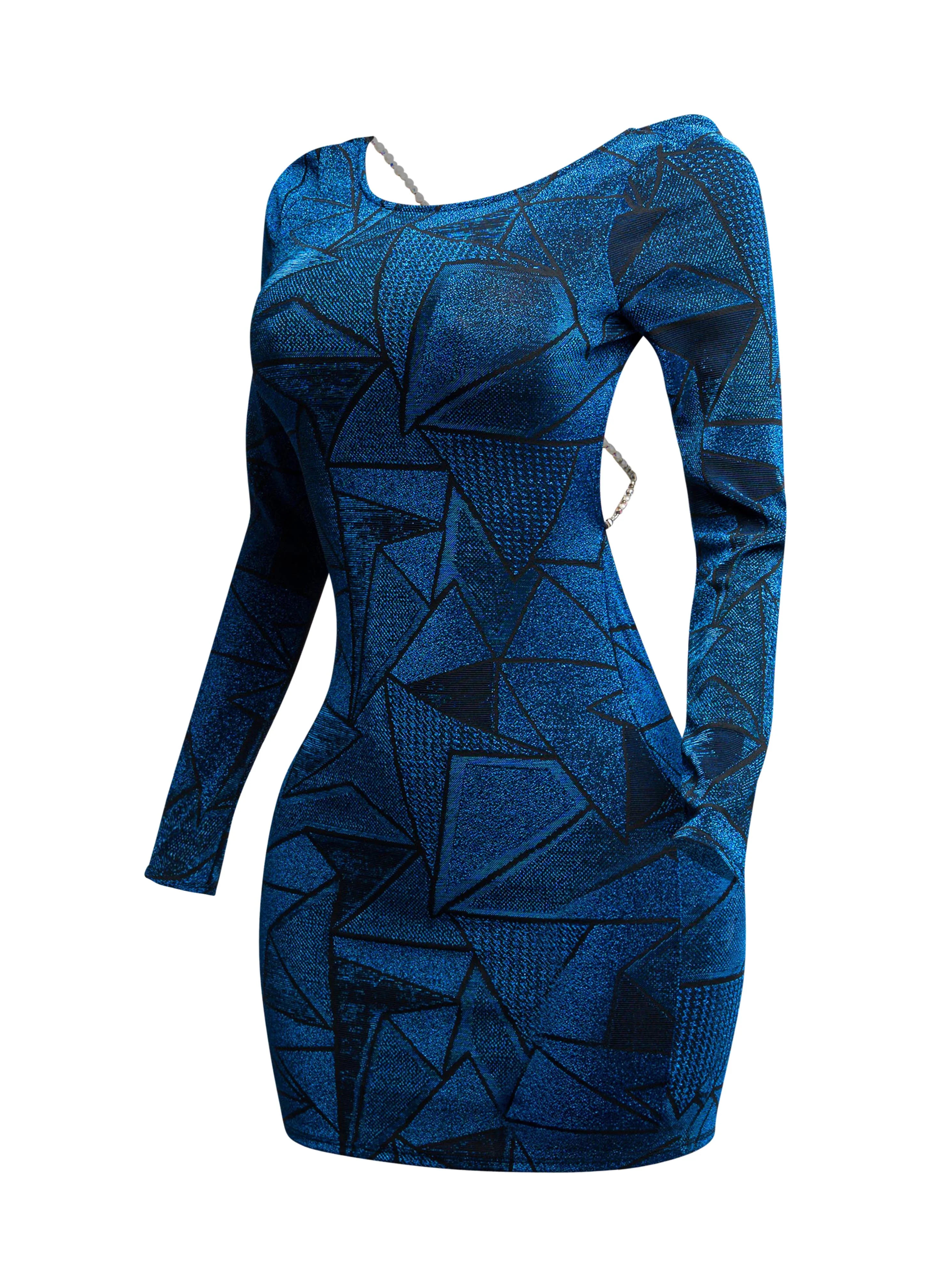 Jacquard knit open back bodycon dress with pearl and rhinestone chain | Bogomore