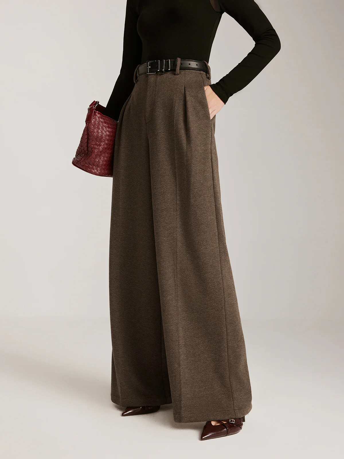 Wool-Blend Chevron Wide-Leg Pants Without Belt | Commense
