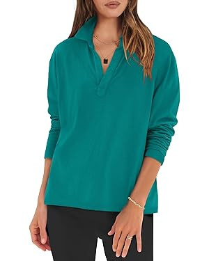 ANRABESS Women Long Sleeve Polo Shirts Casual V Neck Collared Boxy Fit Dressy Work Blouse Top Spr... | Amazon (US)