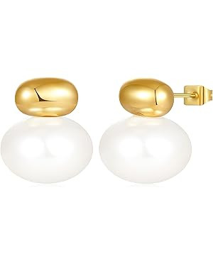 Gold Simulated Shell Pearl Earrings for Women, 18K Gold Plated Pearl Drop Earrings Gold Pearl Hoo... | Amazon (US)