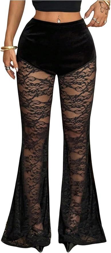 OYOANGLE Women's Floral Lace Flare Leg Pants Y2K Elastic High Waisted Sheer Party Trousers | Amazon (US)