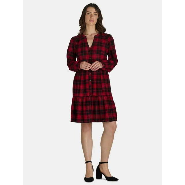 Time And Tru Women's and Women's Plus Tiered Plaid Shirt Dress, Sizes XS-4X | Walmart (US)