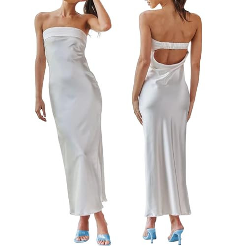 Women's Sexy Satin Tube Maxi Dress Elegant Silk Strapless Open Back Party Cocktail Wedding Guest Formal Long Dresses White | Amazon (US)