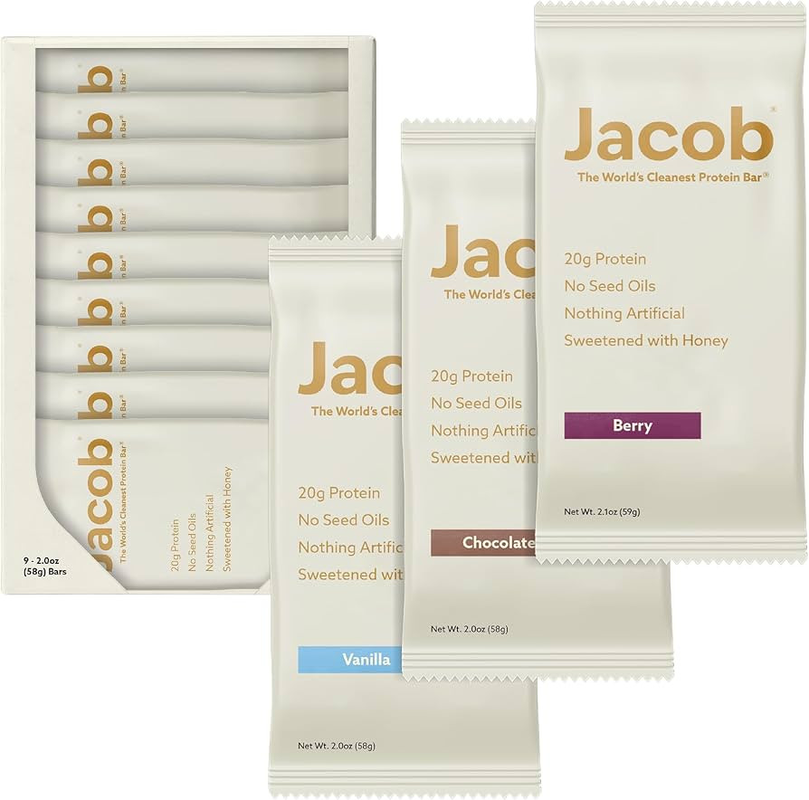 Jacob Bar, Protein Bars, Variety Pack (9 Bars Total) Contains 3 of Each; Chocolate, Vanilla, Berr... | Amazon (US)