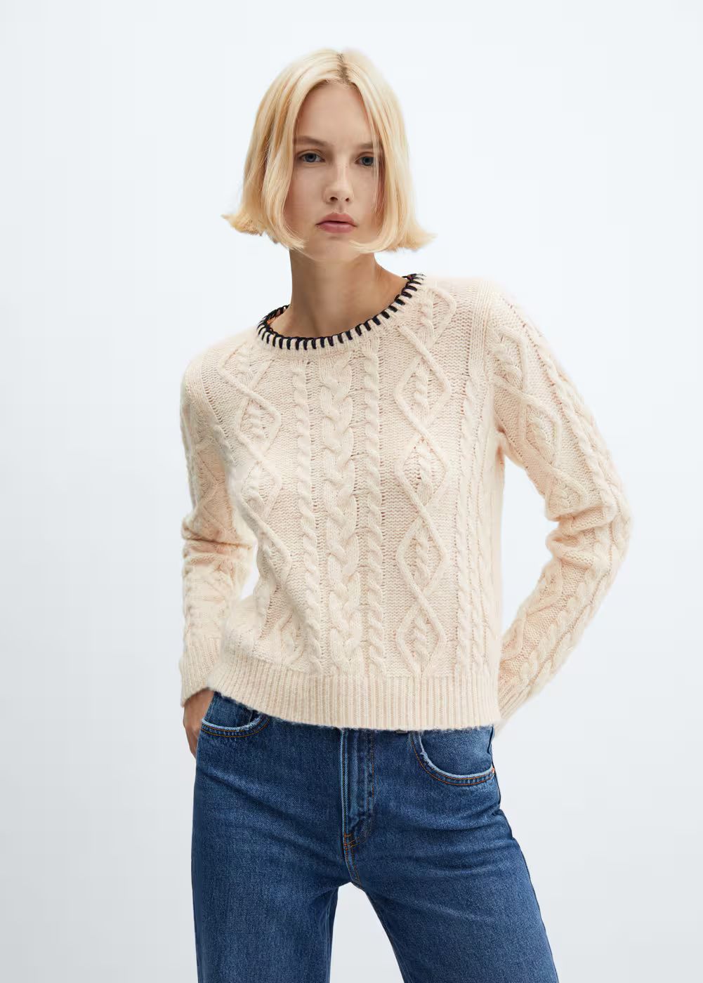 Cable-knit sweater with contrasting trim -  Women | Mango USA | MANGO (US)