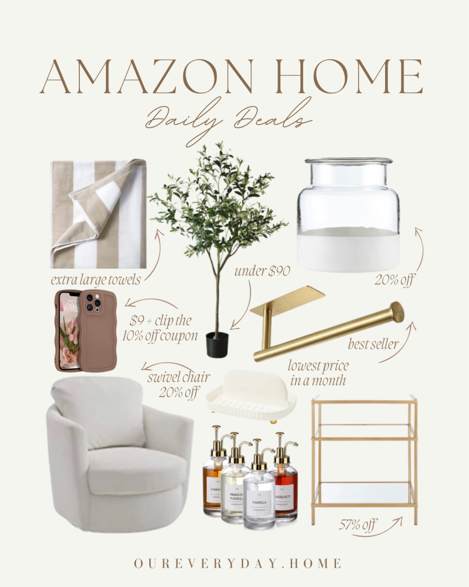 Today’s Amazon Daily Deals! Don’t miss out on these Memorial Day weekend sales. 

Swivel chair
Coffee bar 
Accent table 
Olive tree 
Beach towels 
Coffee table decor 
Wavy curvy phone case 
Kitchen 

Amazon home decor, amazon style, amazon deal, amazon find, amazon sale, amazon favorite 

home office
oureveryday.home
tv console table
tv stand
dining table 
sectional sofa
light fixtures
living room decor
dining room
amazon home finds
wall art
Home decor 

#LTKsalealert #LTKunder50 #LTKhome