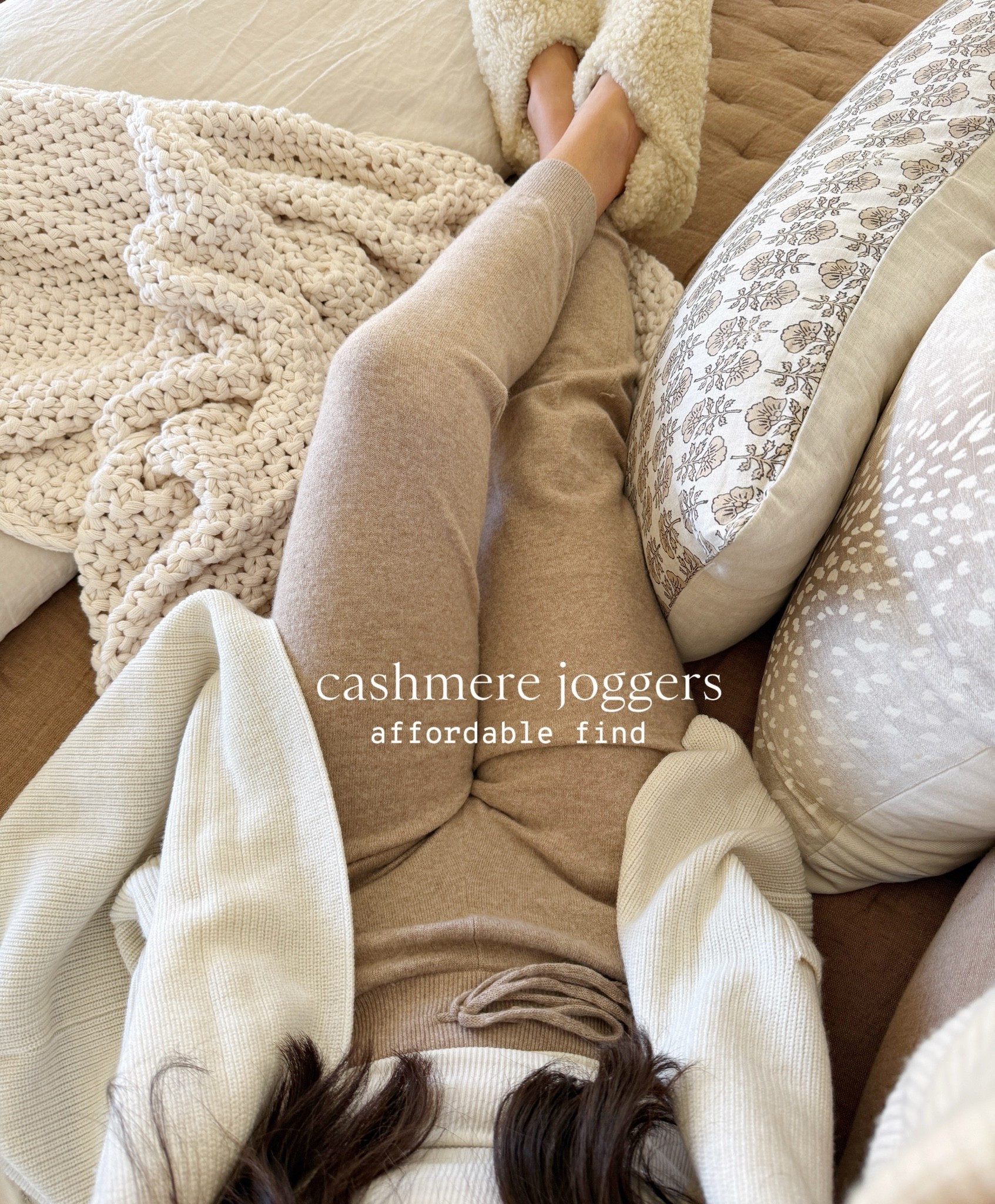 My favorite affordable cashmere joggers I wear all cozy season long! Wearing a small. Come in a bunch of colors! Fall loungewear outfit 🤍