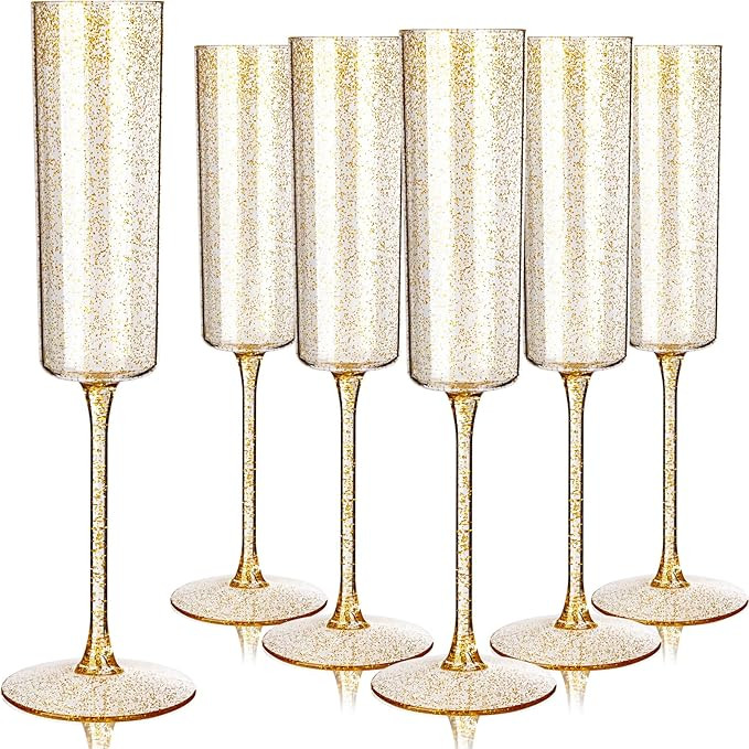 YOUBET 24 Pack Plastic Champagne Flutes - 6 Oz Gold Glitter Disposable Champagne Glasses - Square... | Amazon (US)
