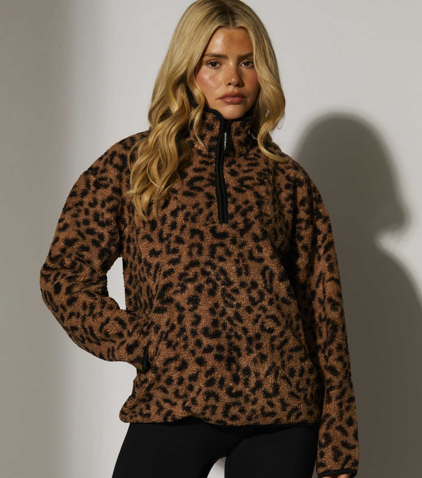 South Beach Brown Leopard Print Borg Quarter Zip Jacket | New Look | New Look (UK)