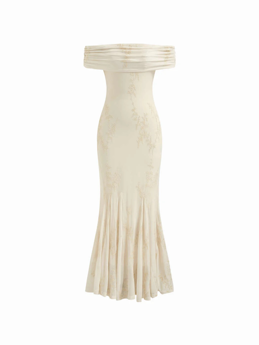 Mesh Floral Off-shoulder Ruched Mermaid Maxi Dress | Cider