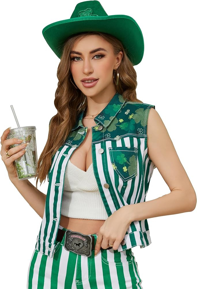 Women Vest St Patricks Day Sleeveless Jean Jacket Irish Gifts Denim Vest Top | Amazon (US)