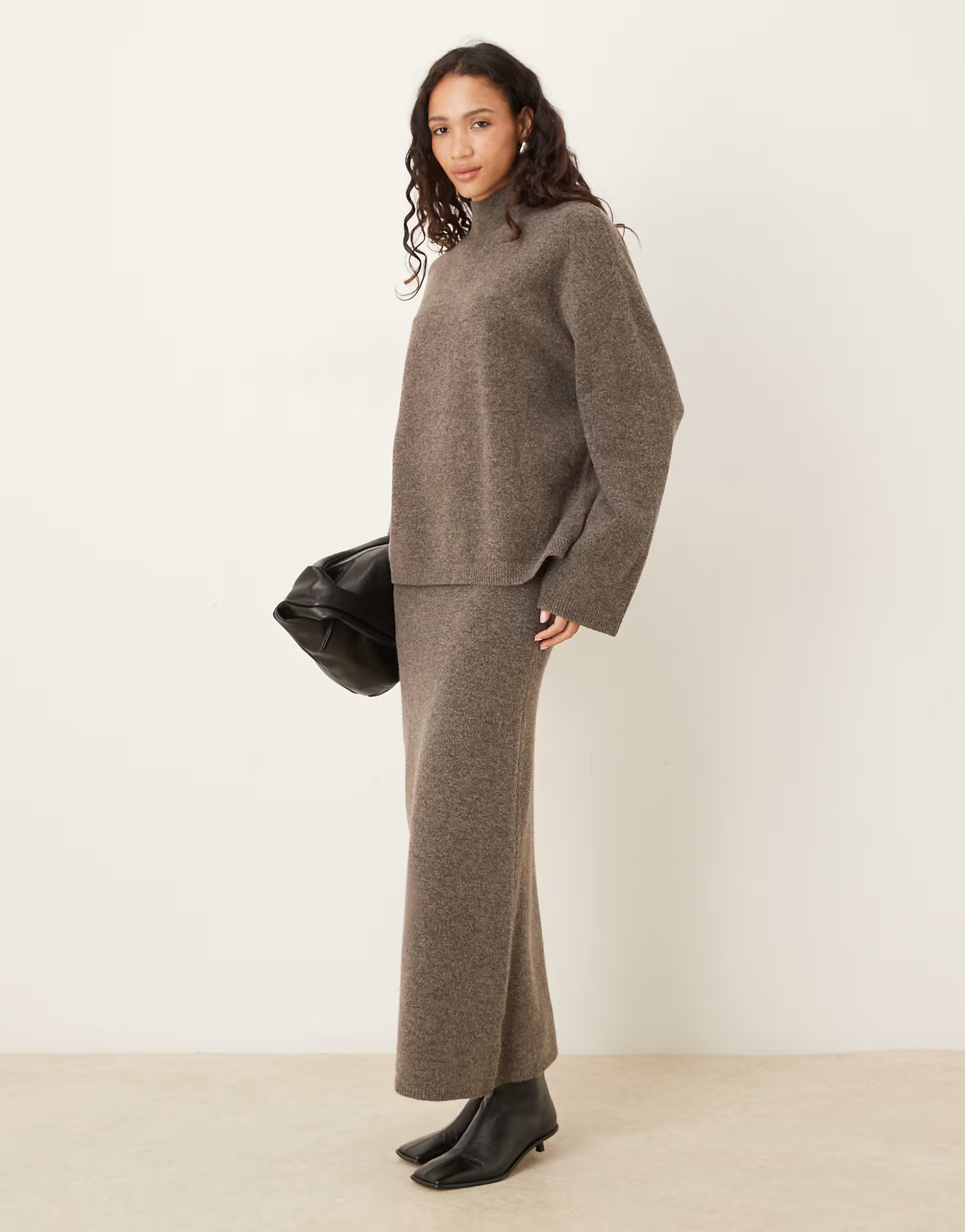 ASOS DESIGN longline jumper with funnel neck & knitted maxi skirt co-ord in mushroom | ASOS (Global)