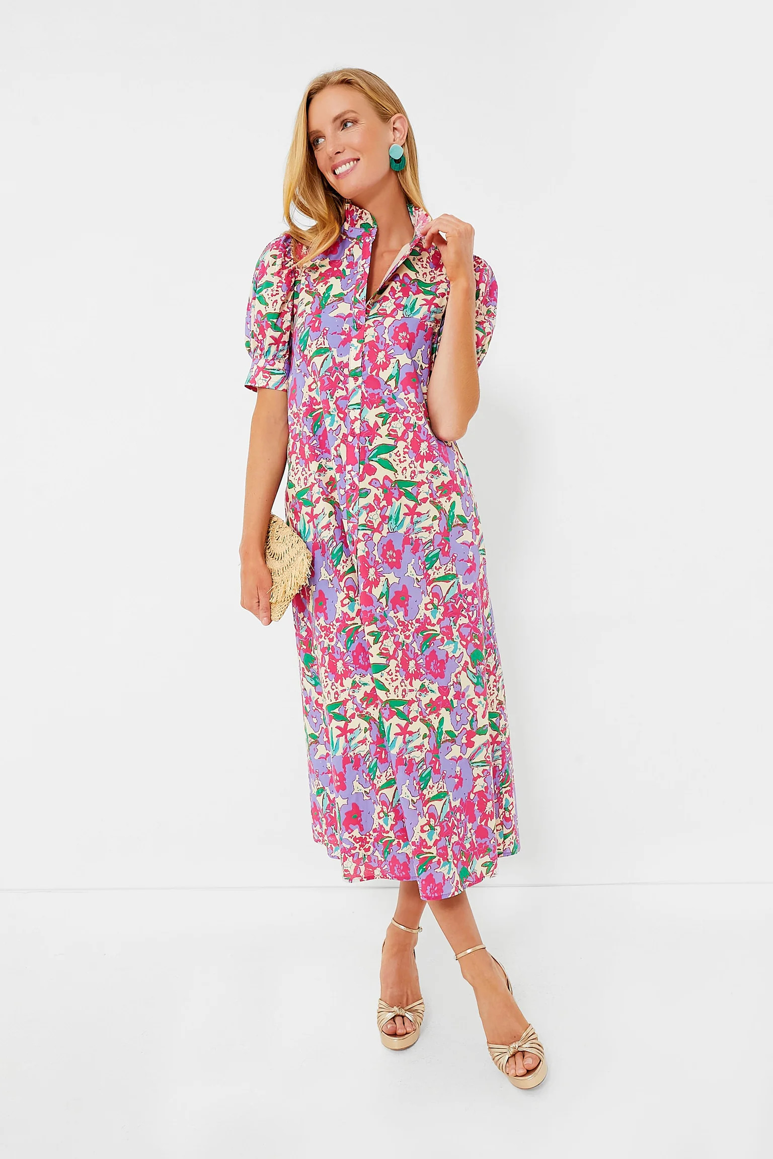 Magenta Multi Floral Ruffle Collar Louisa Midi Dress | Tuckernuck (US)