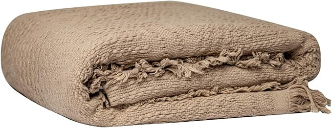 GLORY SEASON 100% Cotton Throw Blanket in Light Brown Jacqard Weave Fabric with Fringe Soft All S... | Amazon (US)