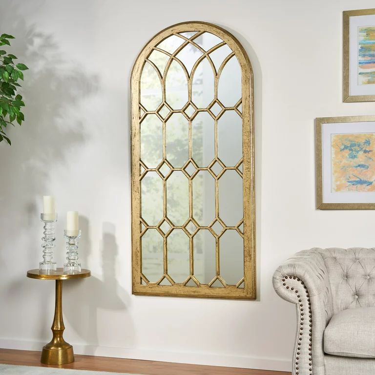 Noble House Leopoldo Traditional Faux Wood Arched Windowpane Mirror, Distressed Gold - Walmart.co... | Walmart (US)