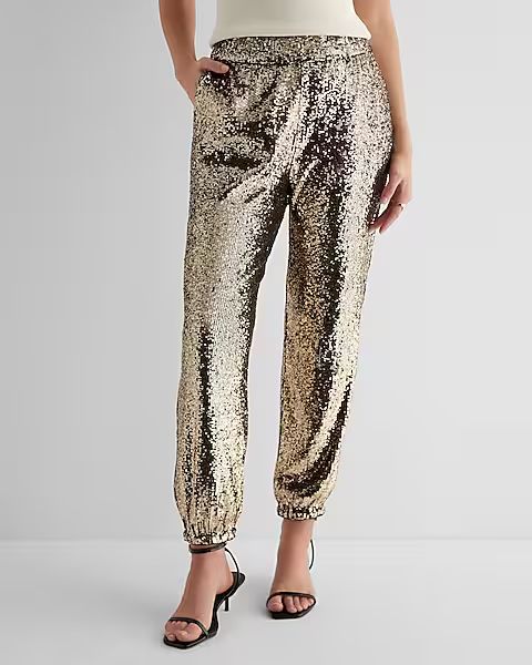 High Waisted Sequin Joggers | Express