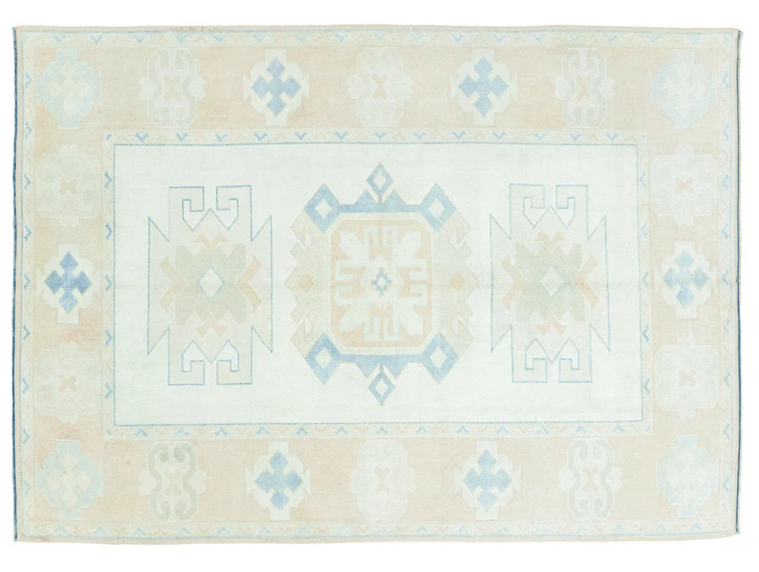 Vintage Turkish Oushak Neutral Rug, Faded Colorful Handmade Large Area Rug, Geometric Design 5.9x... | Etsy (US)