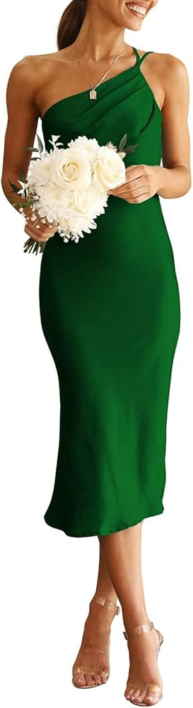 PRETTYGARDEN Women's Midi Satin Dress One Shoulder Spaghetti Strap Backless Ruched Summer Bodycon... | Amazon (US)