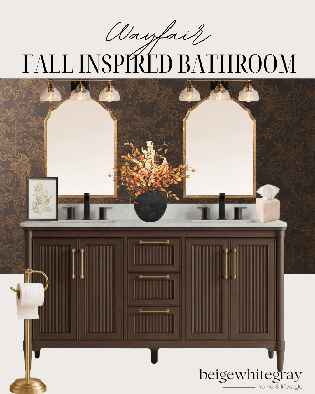 Wayfair bathroom finds, Wayfair bathroom decor, fall bathroom decor, moody bathroom ideas, brown bathroom vanity, dark wood bathroom vanity, floral wallpaper bathroom, brown floral wallpaper, vintage inspired bathroom, brass bathroom fixtures, gold bathroom mirrors, double vanity bathroom, bathroom lighting ideas, fall bathroom inspiration, warm neutral bathroom, traditional bathroom design, transitional bathroom decor, moody powder room, luxury bathroom inspiration, designer inspired Wayfair finds, cozy fall home, elevated bathroom decor

#LTKSeasonal #LTKHome