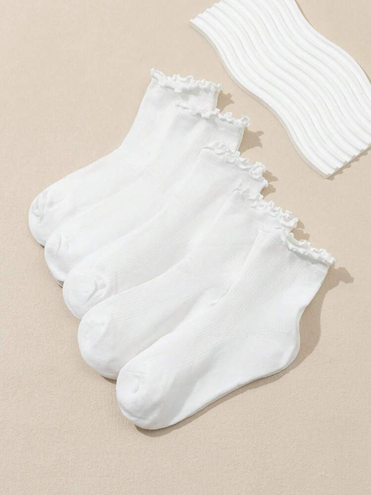 5 Pairs Women's Solid Color Ruffle Edge Mid-Calf Socks, Spring/Summer | SHEIN