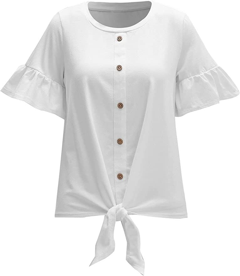 Romwe Women's Short Sleeve Tie Front Knot Casual Loose Fit Tee T-Shirt | Amazon (US)