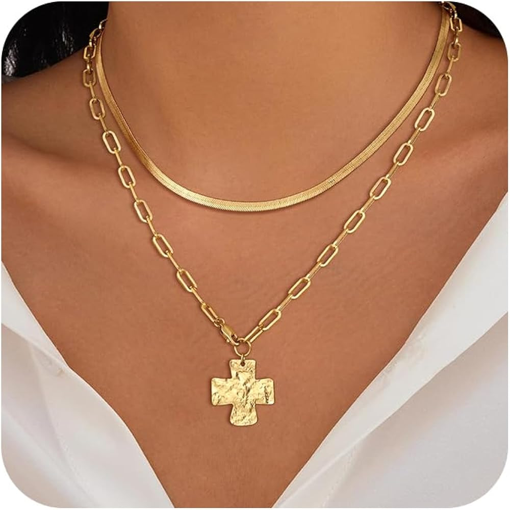 HABIKIP 14K Gold Plated Layered Necklace for Women, Stackable Chunky Cross Choker Necklaces for W... | Amazon (US)